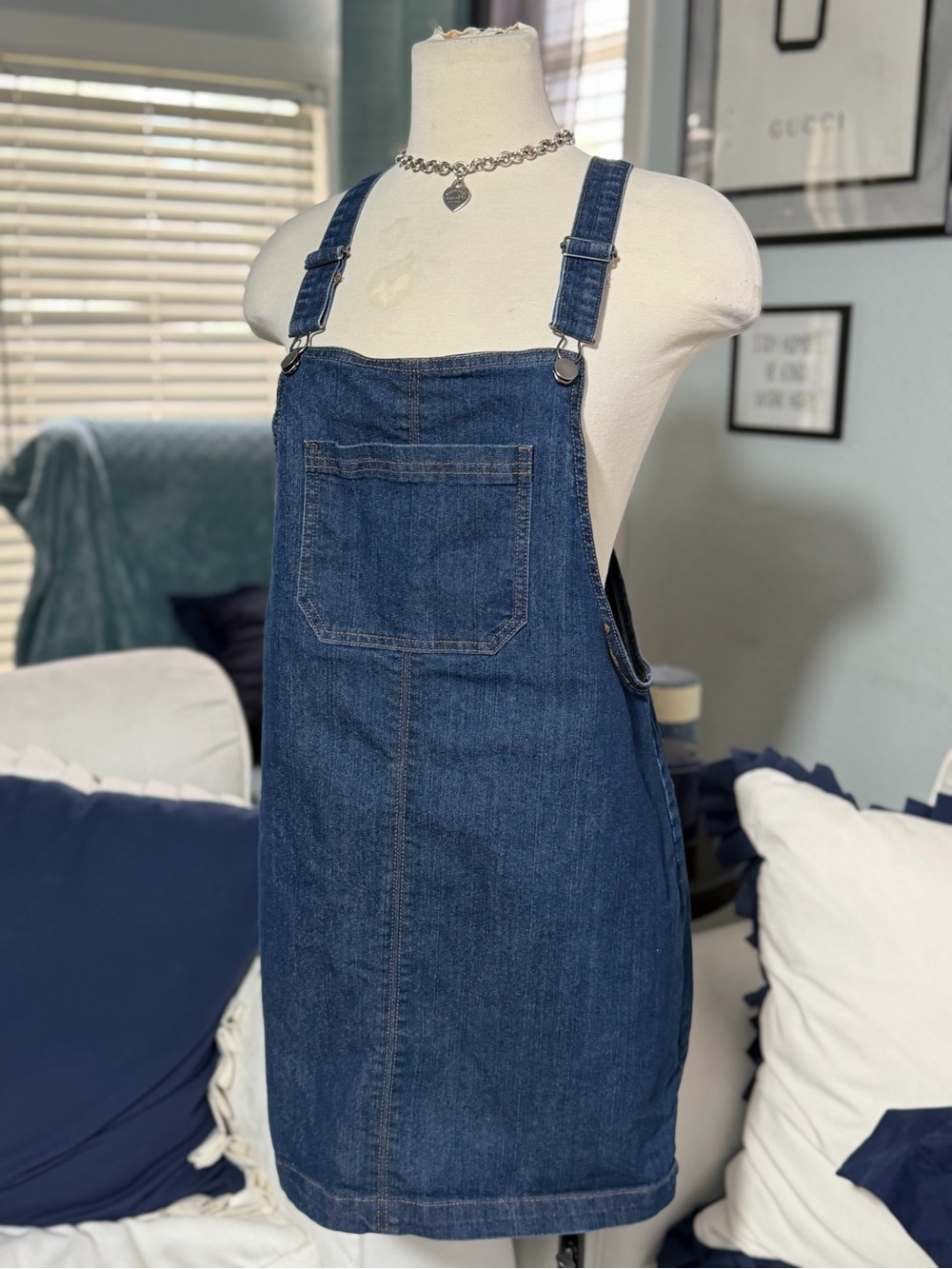 Denim Overall Mini Dress - Dark Blue M